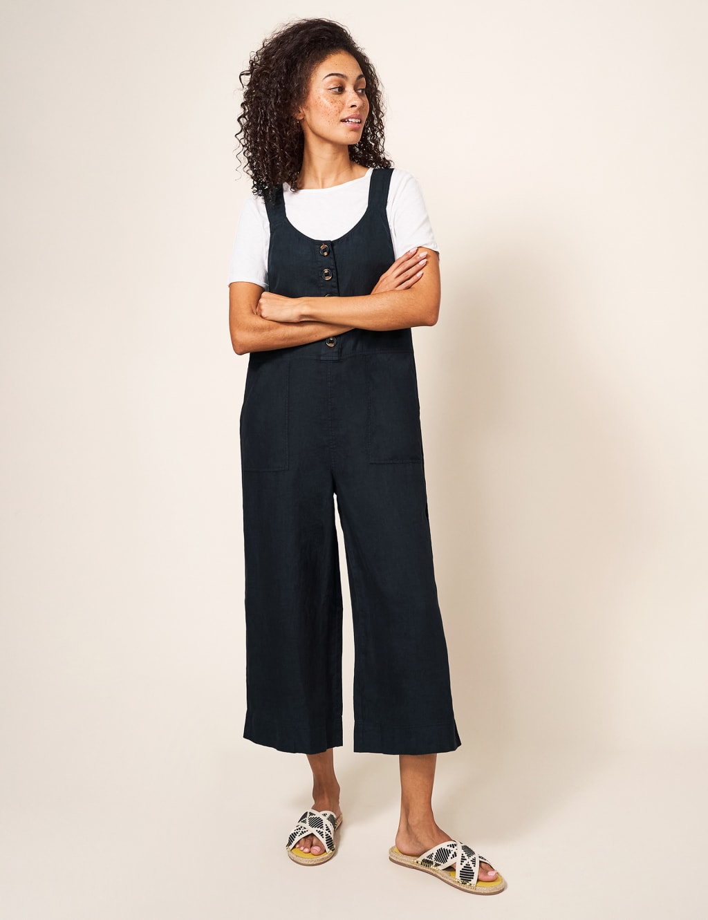 Pure Linen Cropped Wide Leg Dungarees