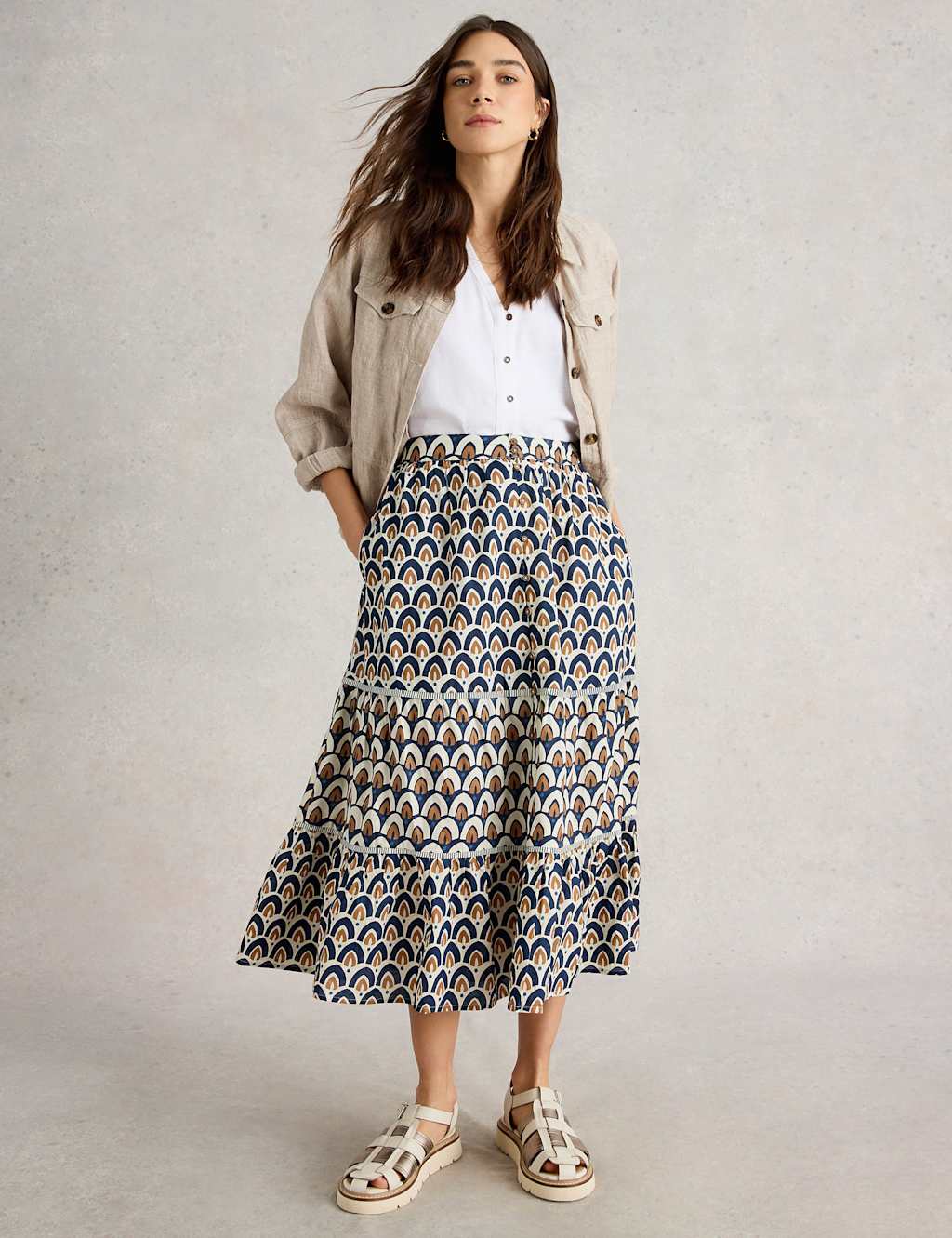Pure Cotton Printed Midi Tiered Skirt