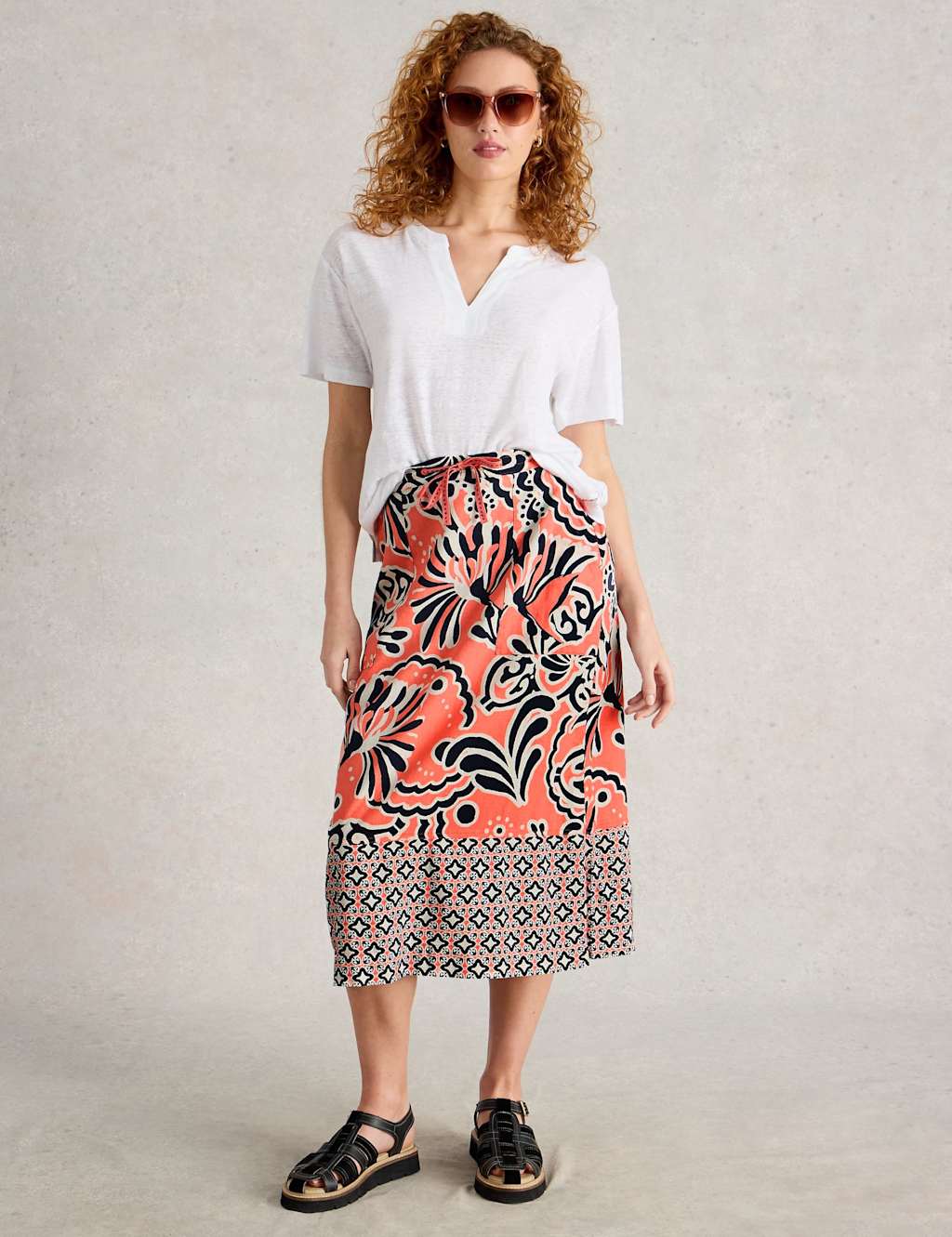 Linen Rich Printed Midi A-Line Skirt