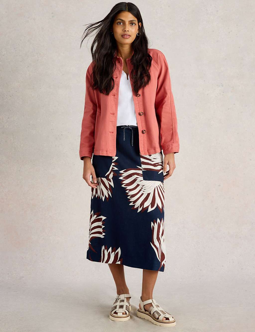 Linen Rich Printed Midi A-Line Skirt