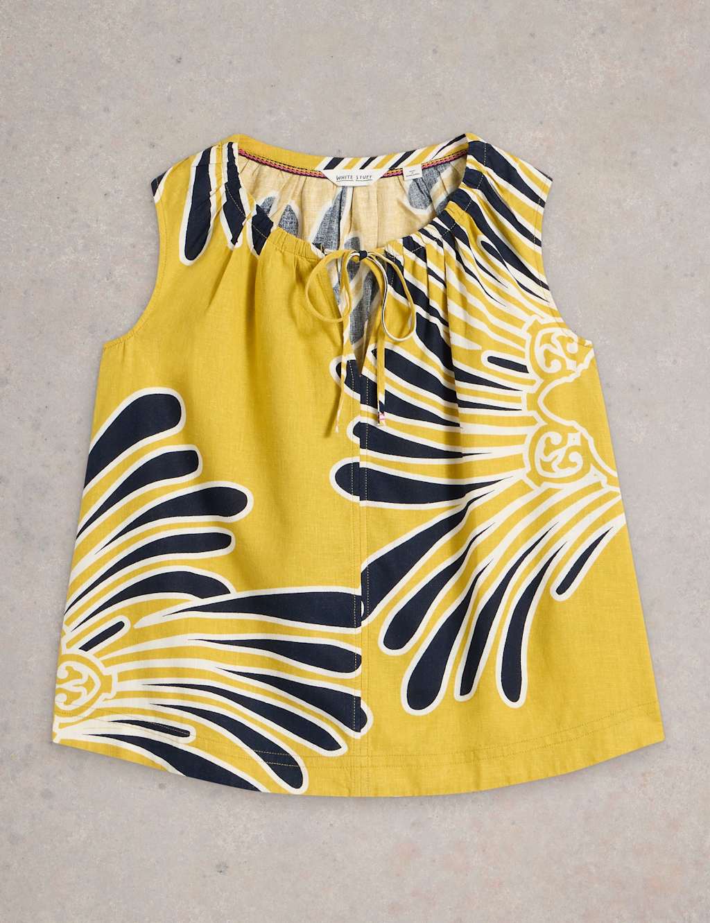 Linen Blend Printed Tie Neck Shell Top