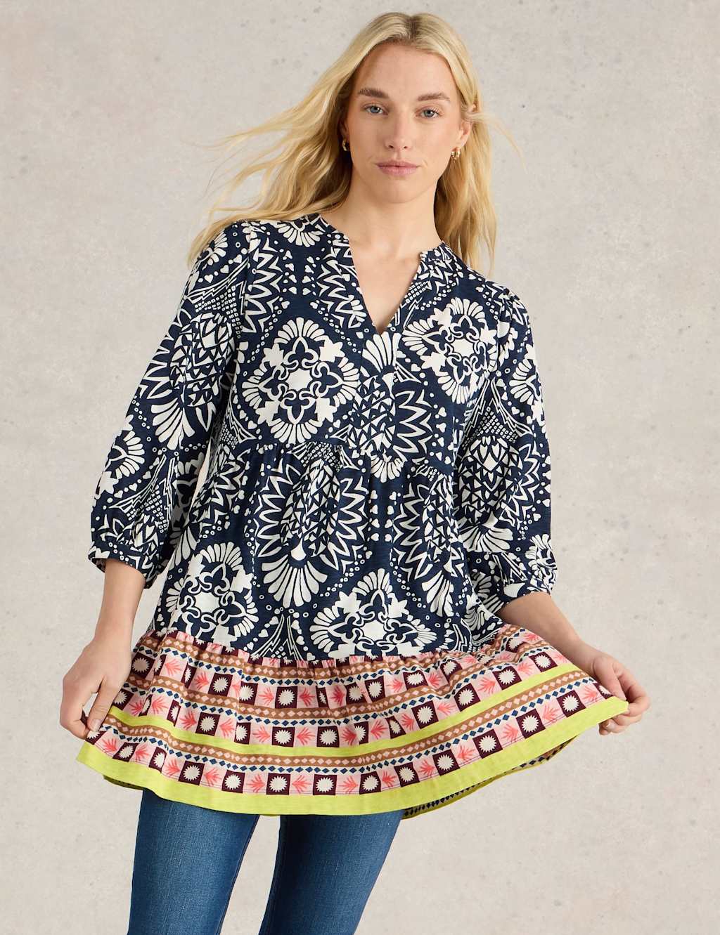 Pure Cotton Geometric Notch Neck Puff Sleeve Tunic