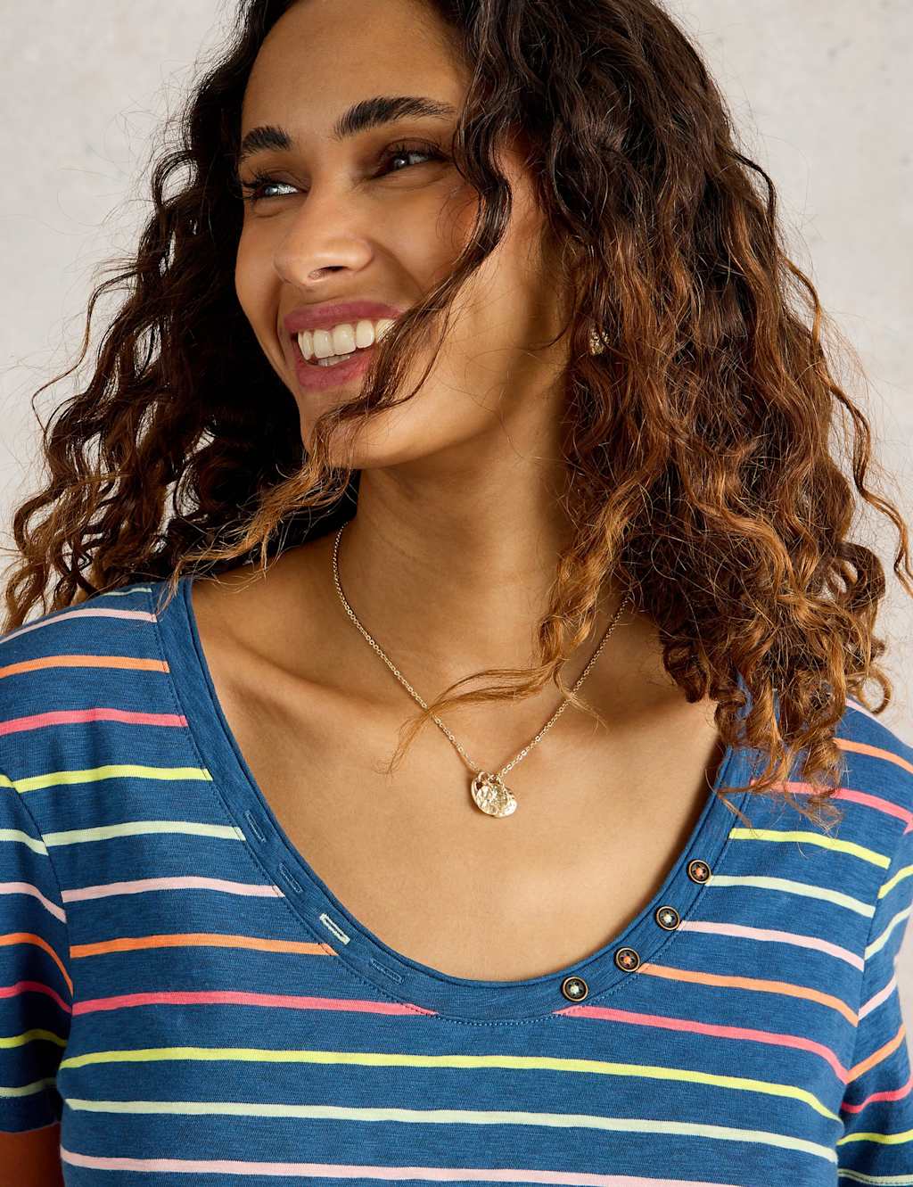Pure Cotton Scoop Neck Button Detail T-Shirt
