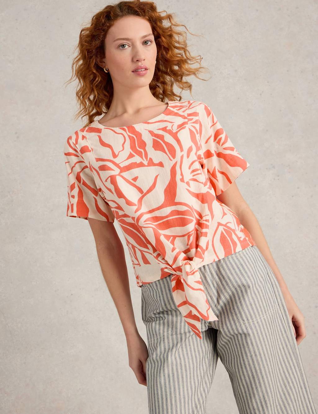 Printed Round Neck Top with Linen