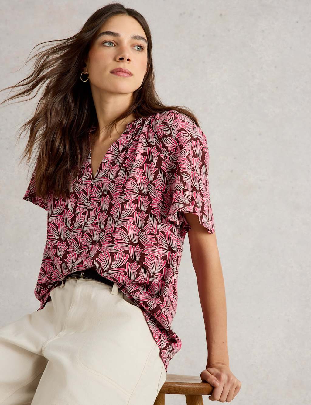 Printed Crinkle V-Neck Button Through Top