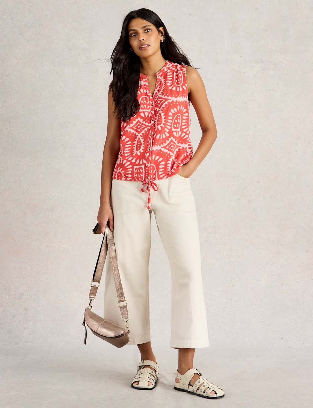 Pure Cotton Printed V-Neck Tie Detail Shirt