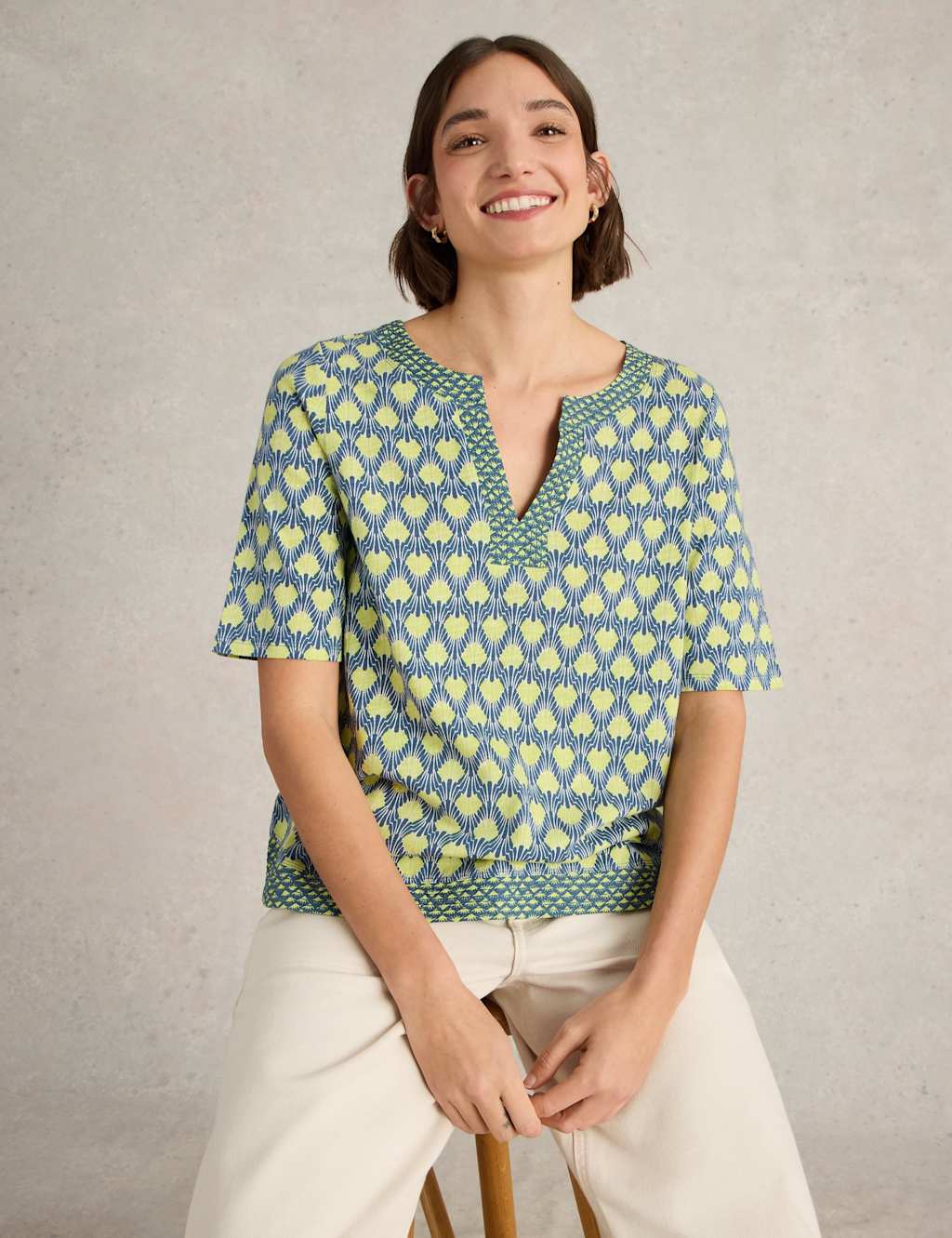 Pure Cotton Printed Notch Neck Top