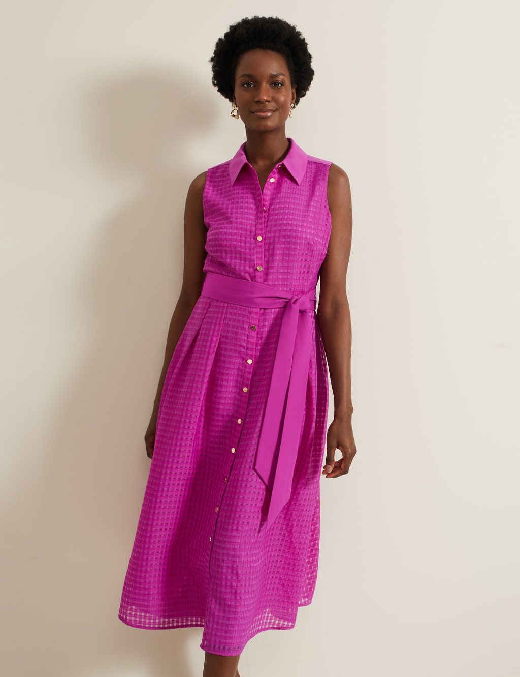 Checked Belted Midi Shirt Dress