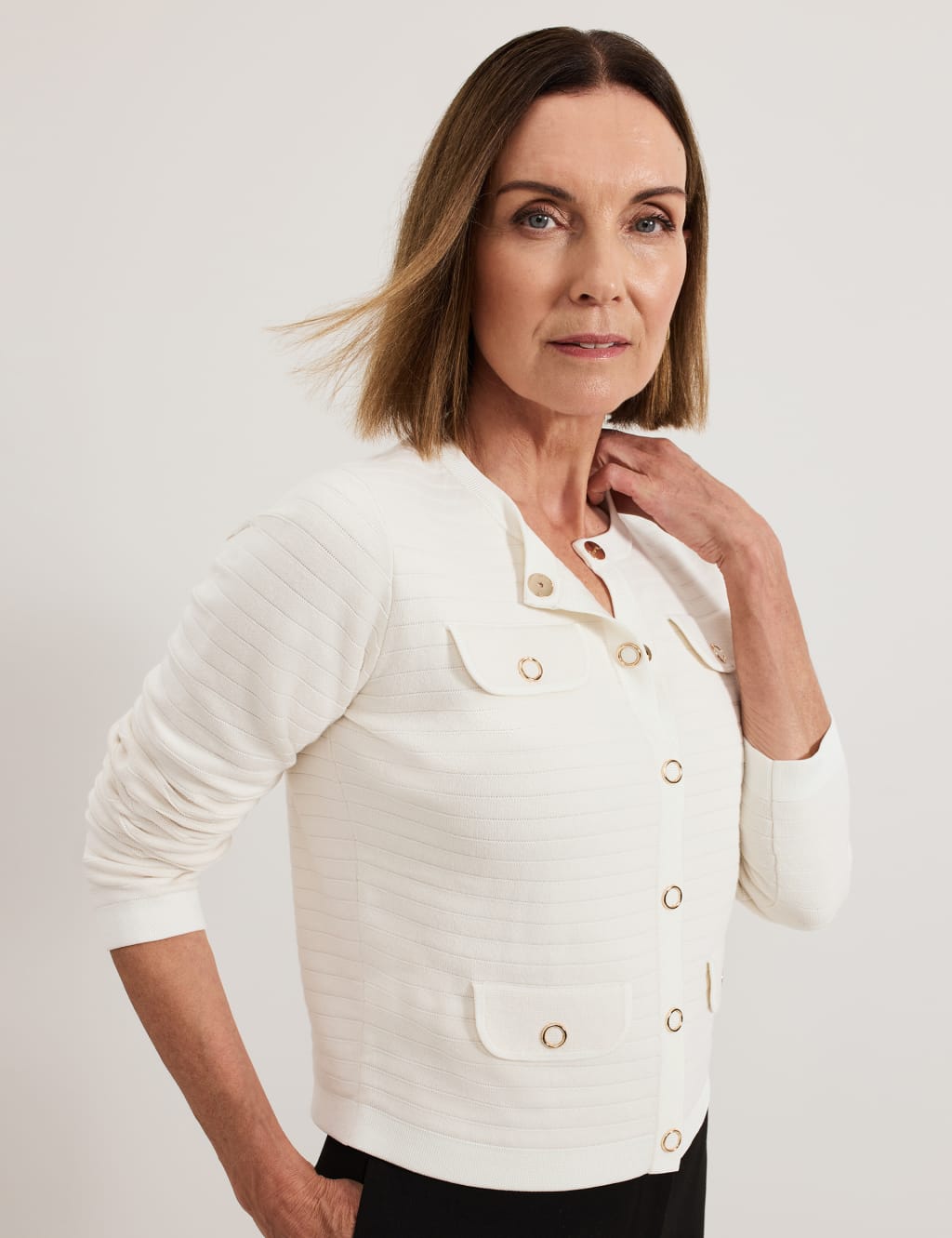 Cotton Blend Crew Neck Knitted Jacket