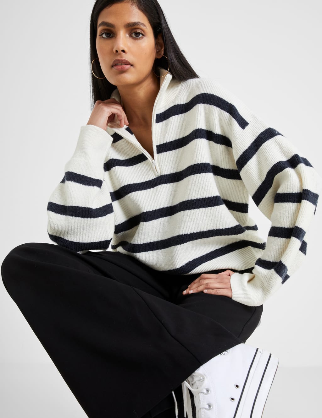 Striped Roll Neck Half Zip Jumper with Wool
