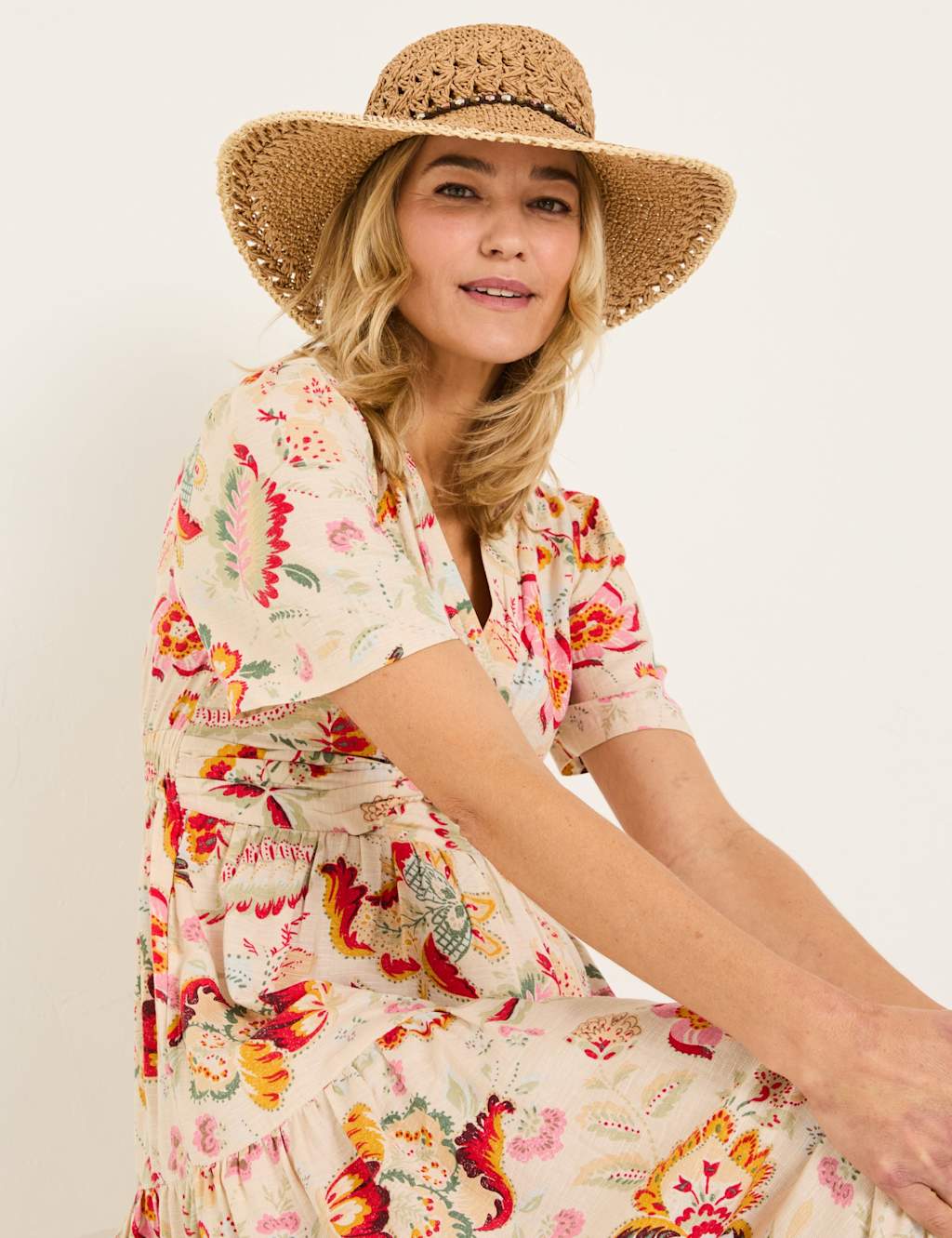 Straw Crochet Embellished Wide Brim Hat