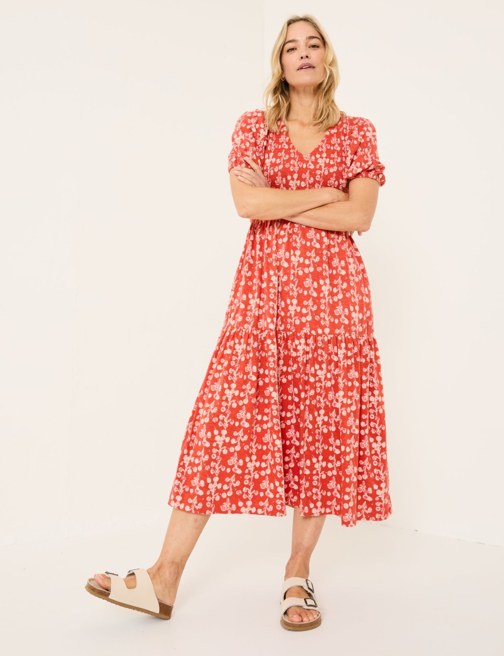 Cotton Rich Floral V-Neck Midi Waisted Dress