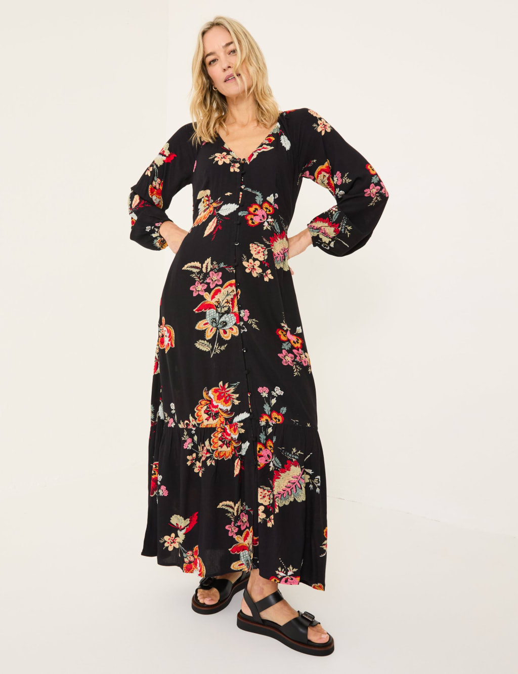 Floral V-Neck Midaxi Waisted Dress