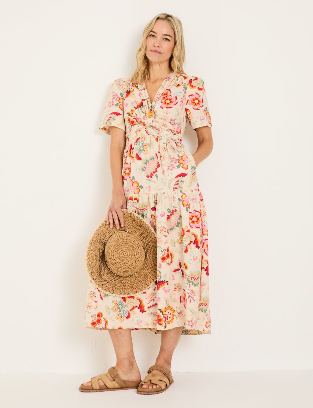Cotton Blend Floral Midi V-Neck Dress