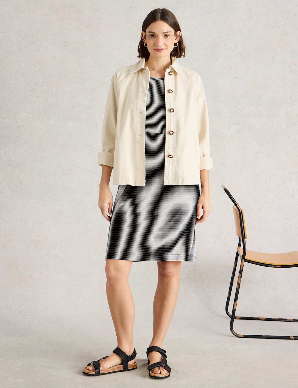 White Stuff Jersey Striped V-Neck Tea Dress Black Mix