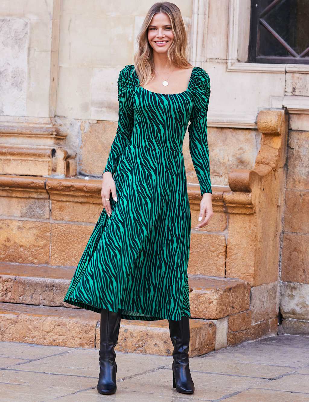 Sosandar Women's Jersey Animal Print Square Neck Midi Dress - 10 - Green Mix, Green Mix