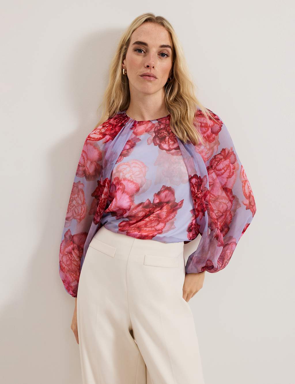 Pure Silk Floral Blouson Sleeve Blouse