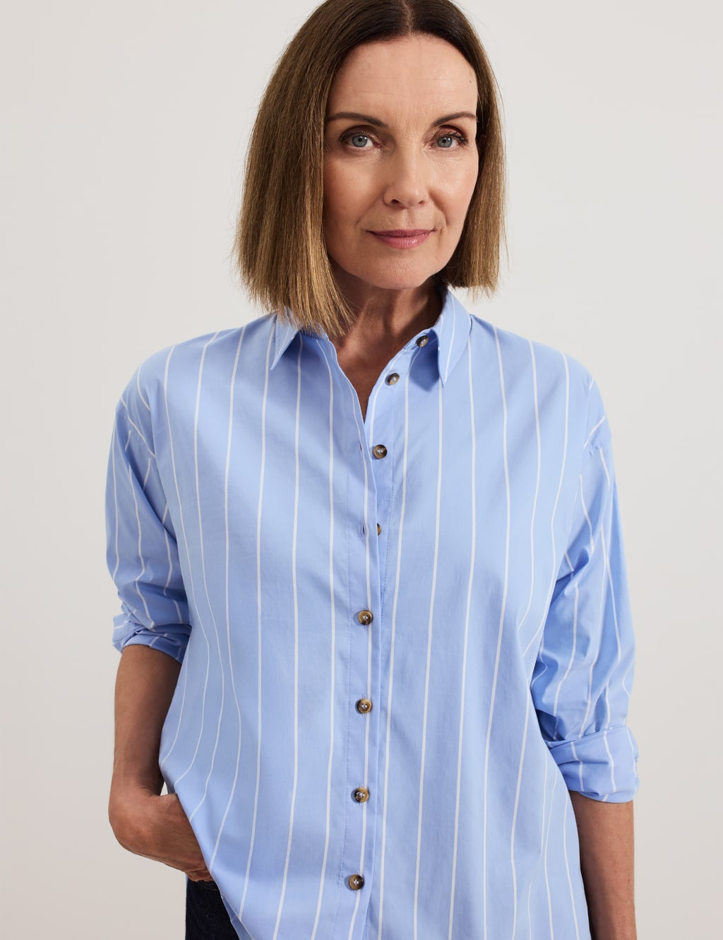 Cotton Blend Striped Collared Shirt