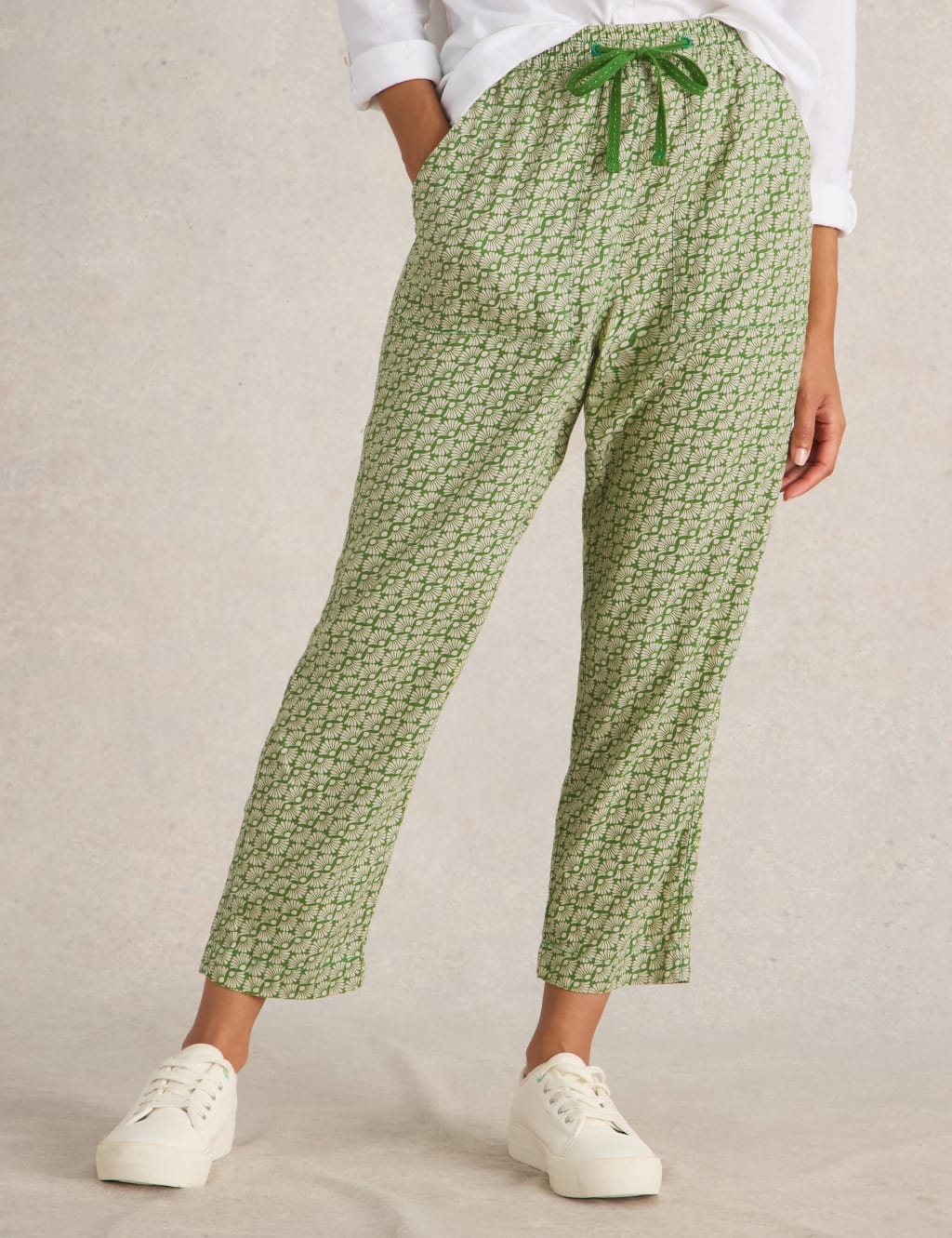 Linen Blend Drawstring Ankle Grazer Trousers