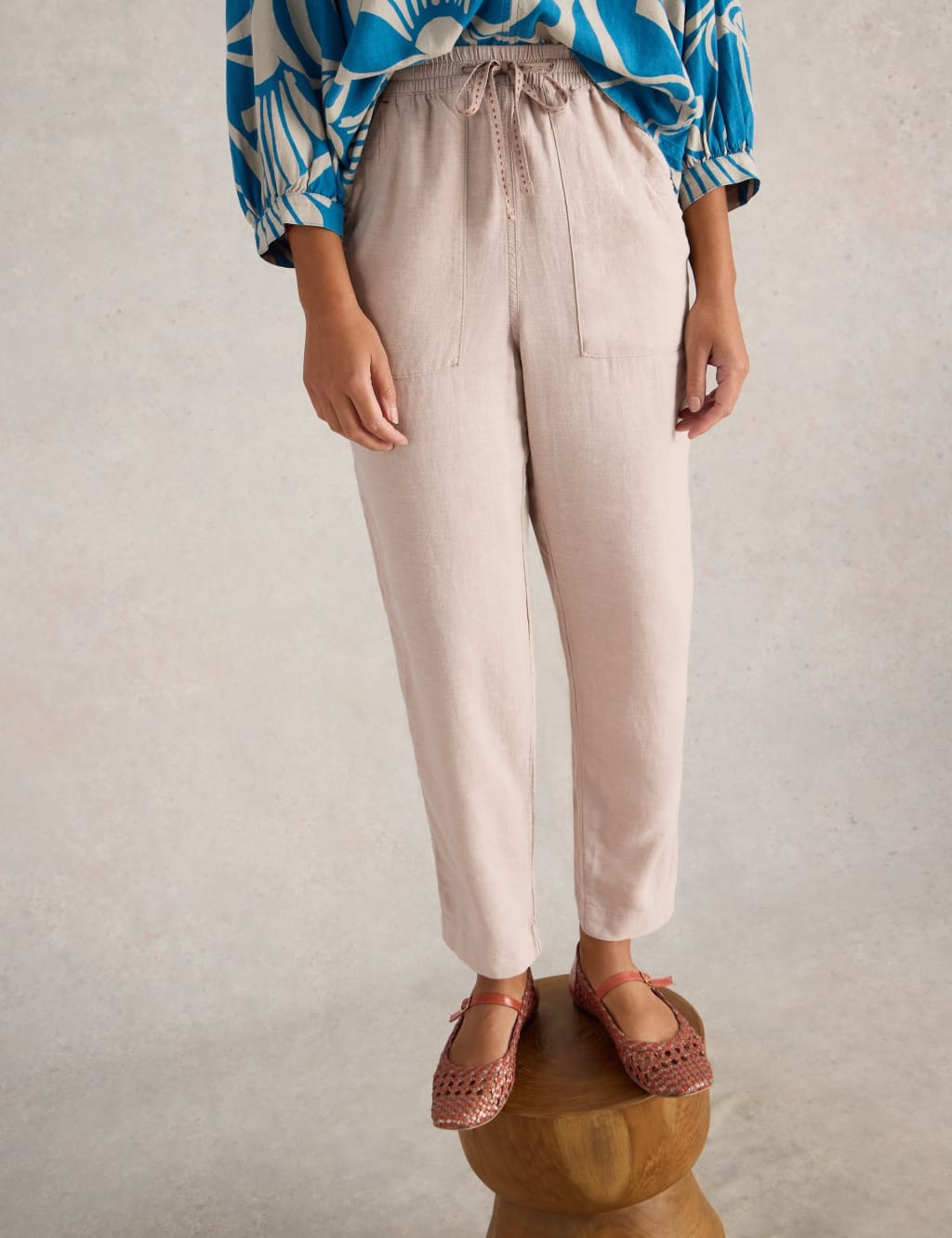 Linen Blend Drawstring Ankle Grazer Trousers