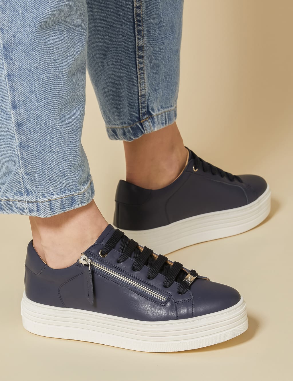 Leather Lace Up Flatform Trainers