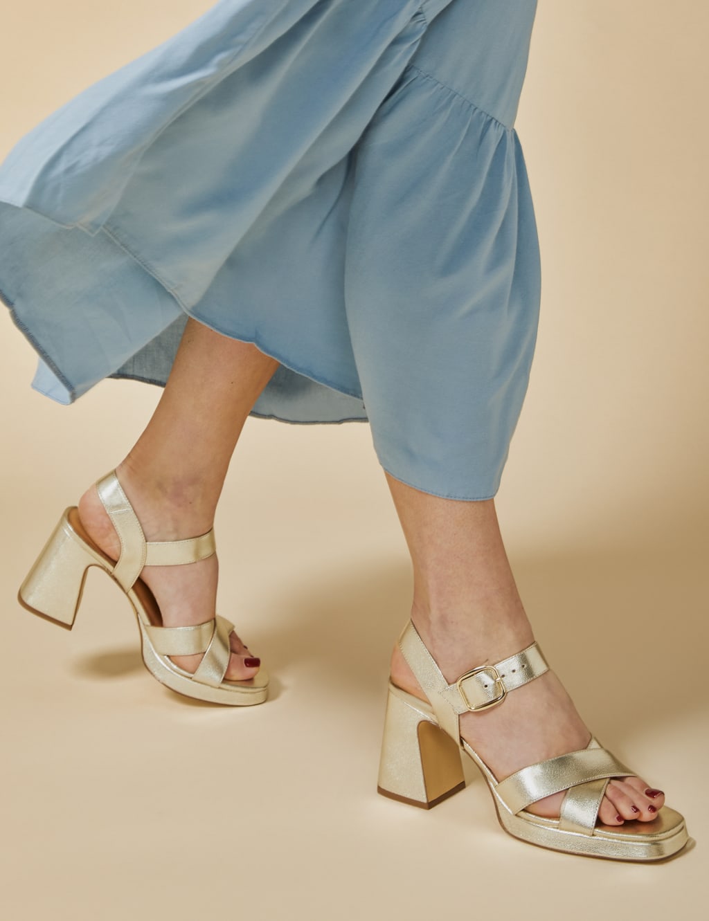 Jones Bootmaker Women's Leather Buckle Block Heel Sandals - 6 - Gold, Gold