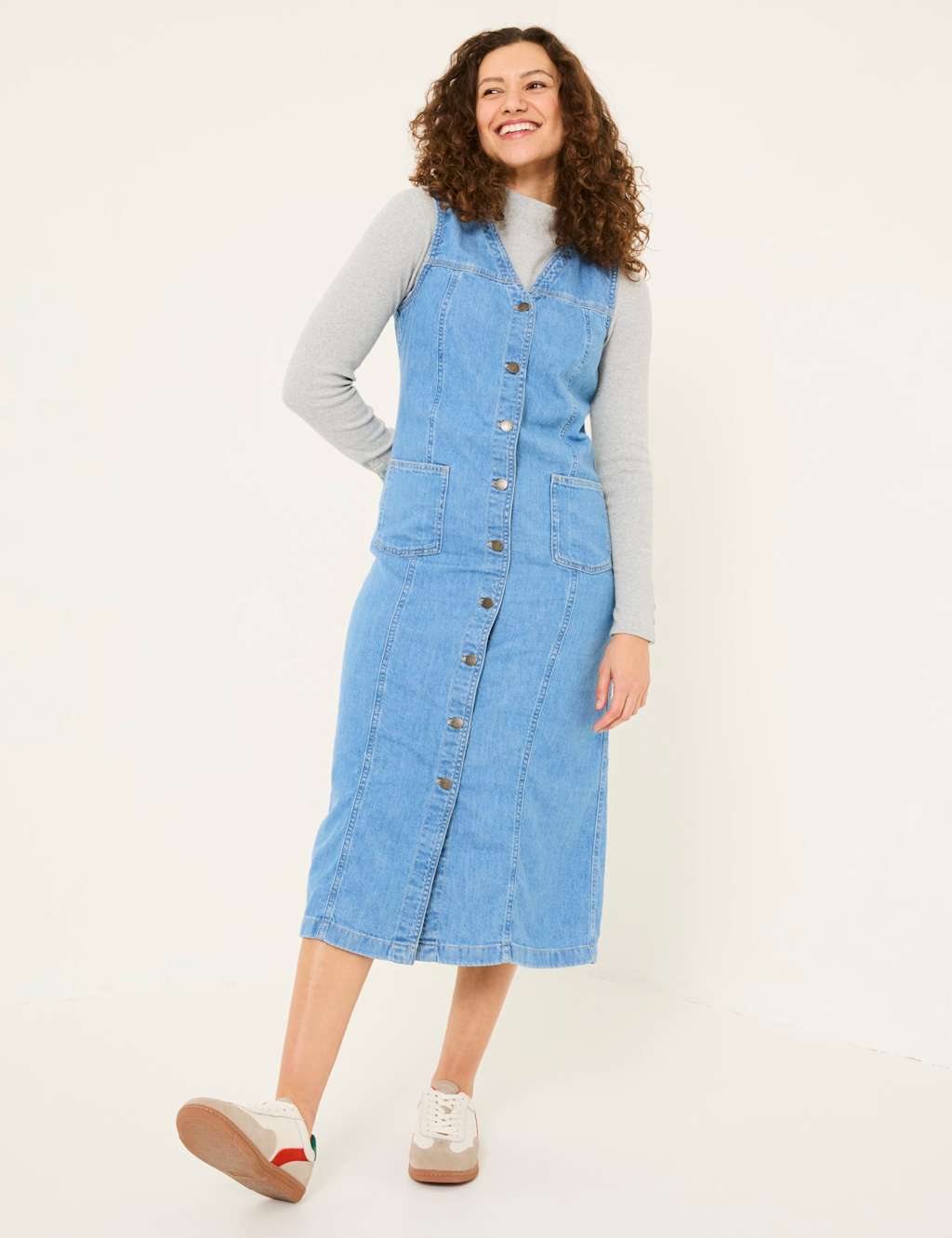Denim V-Neck Button Through Midi Shift Dress