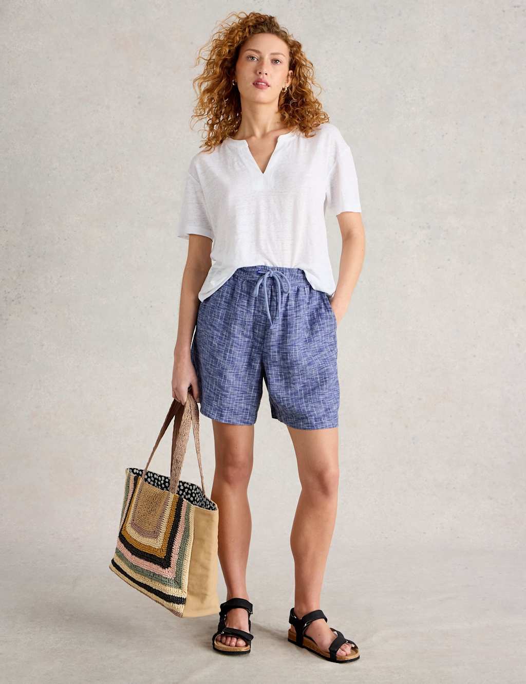 Pure Linen Tweed Print Shorts