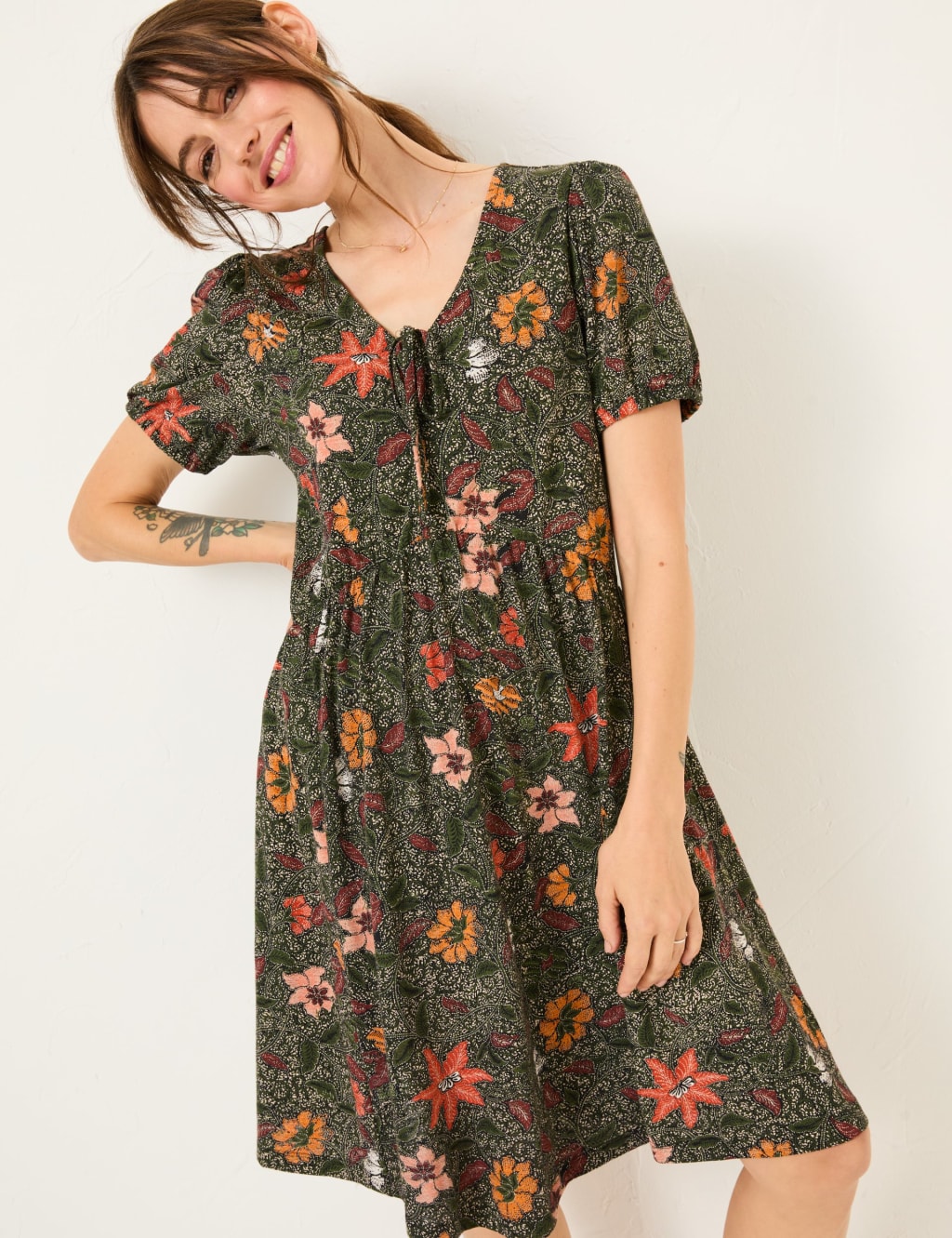 Jersey Floral Tie Neck Mini Waisted Dress