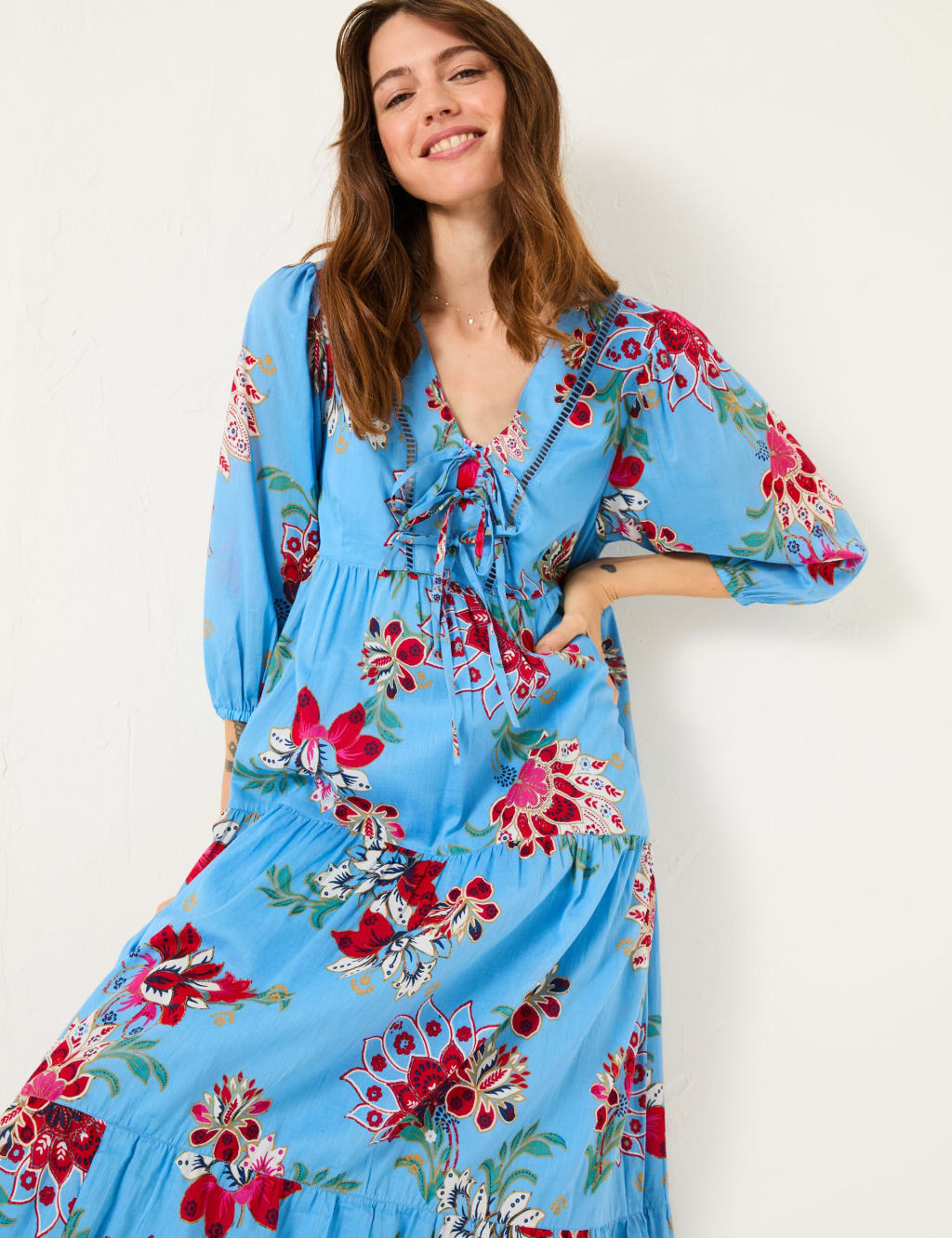 Pure Cotton Floral Tie Neck Midi Tiered Dress