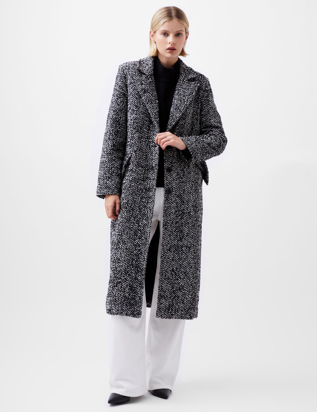 Herringbone Longline Trench Coat with Wool