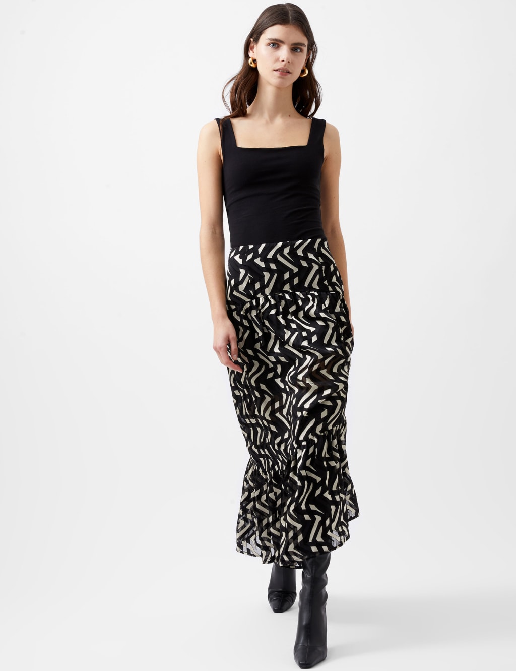 Satin Floral Midi Tiered Skirt