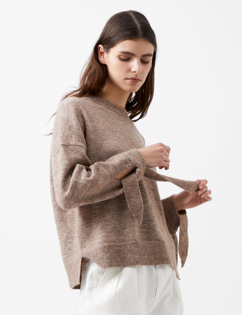 Textured Tie Up Sleeve Crew Neck Jumper