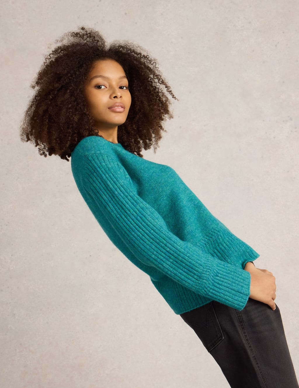 Textured Crew Neck Ribbed Sleeve Jumper