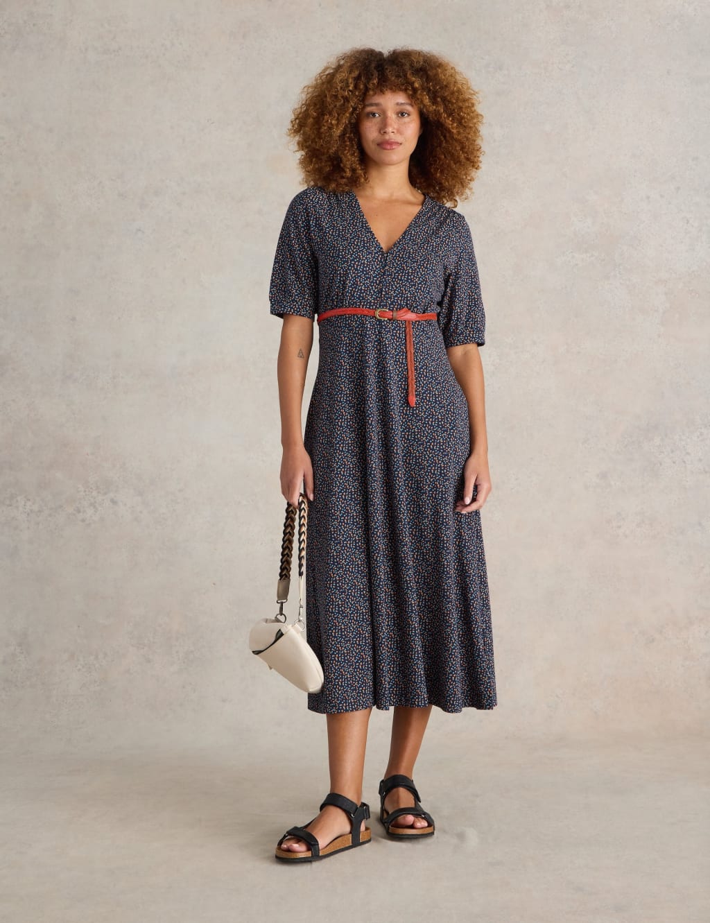 Jersey Printed V-Neck Midi Tea Dress