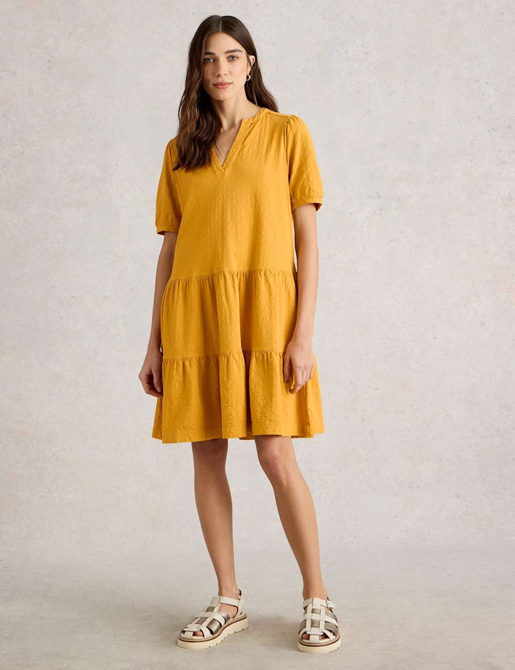 Pure Cotton Textured V-Neck Tiered Dress