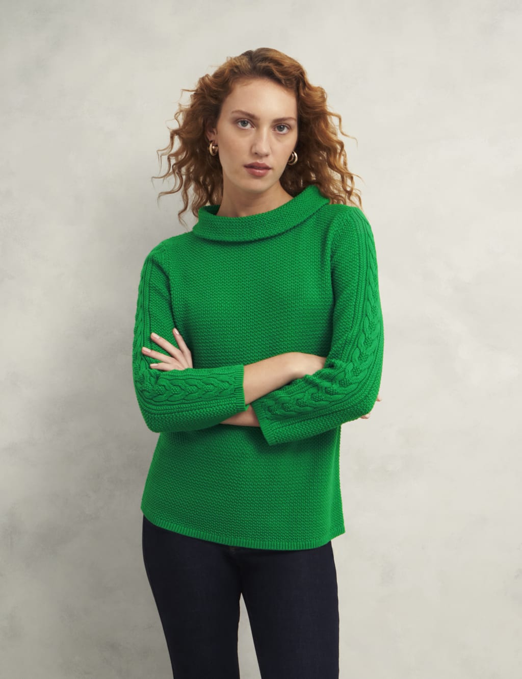 Hobbs Women's Pure Cotton Textured Roll Neck Jumper - Green, Green