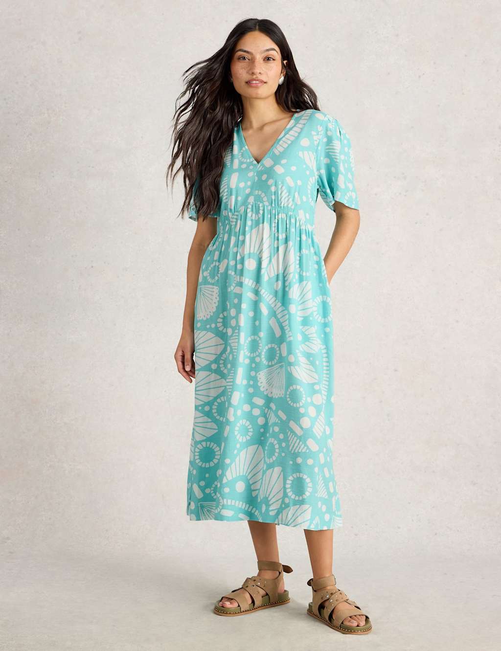 Printed V-Neck Midi Tea Dress