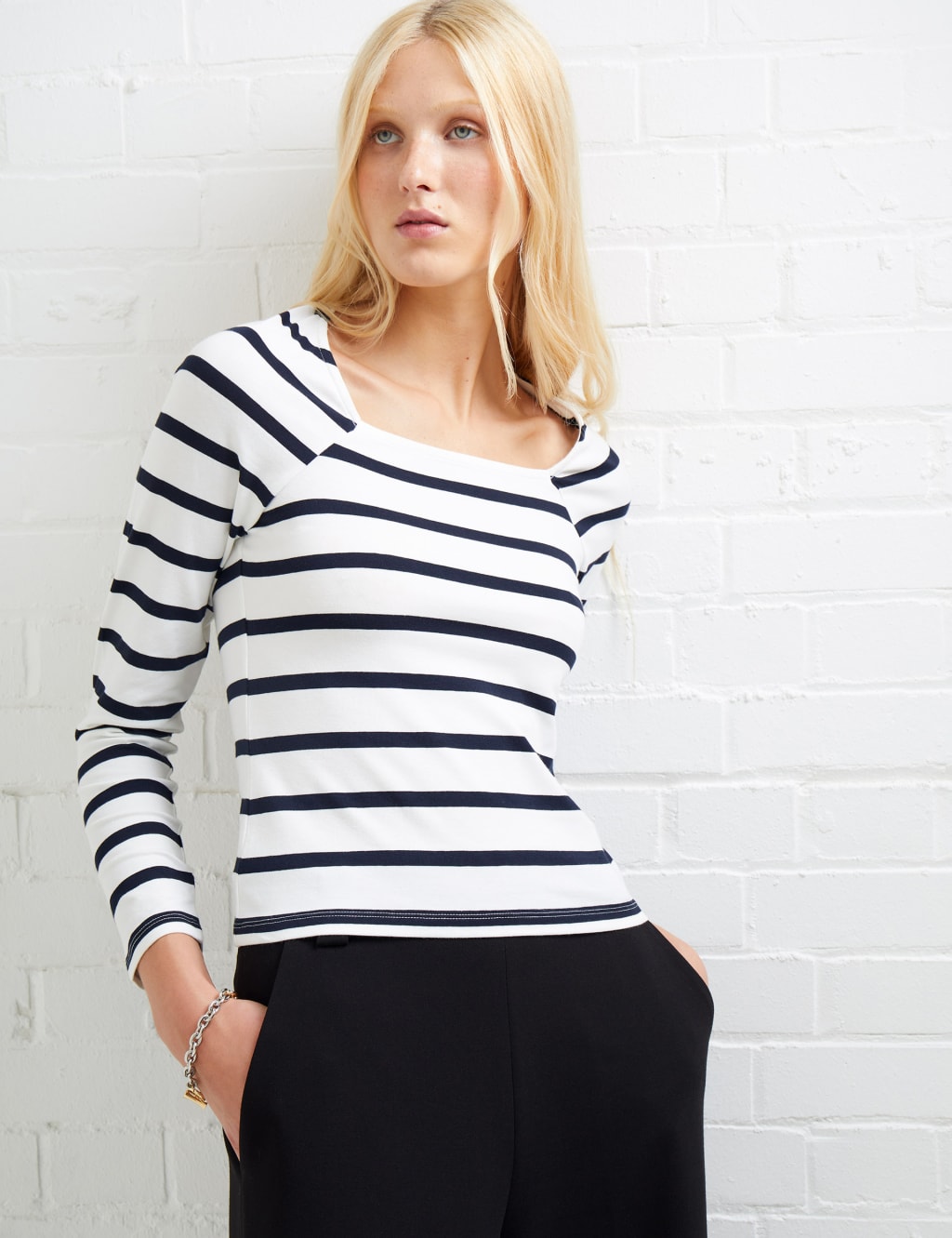 Cotton Rich Striped Square Neck Top