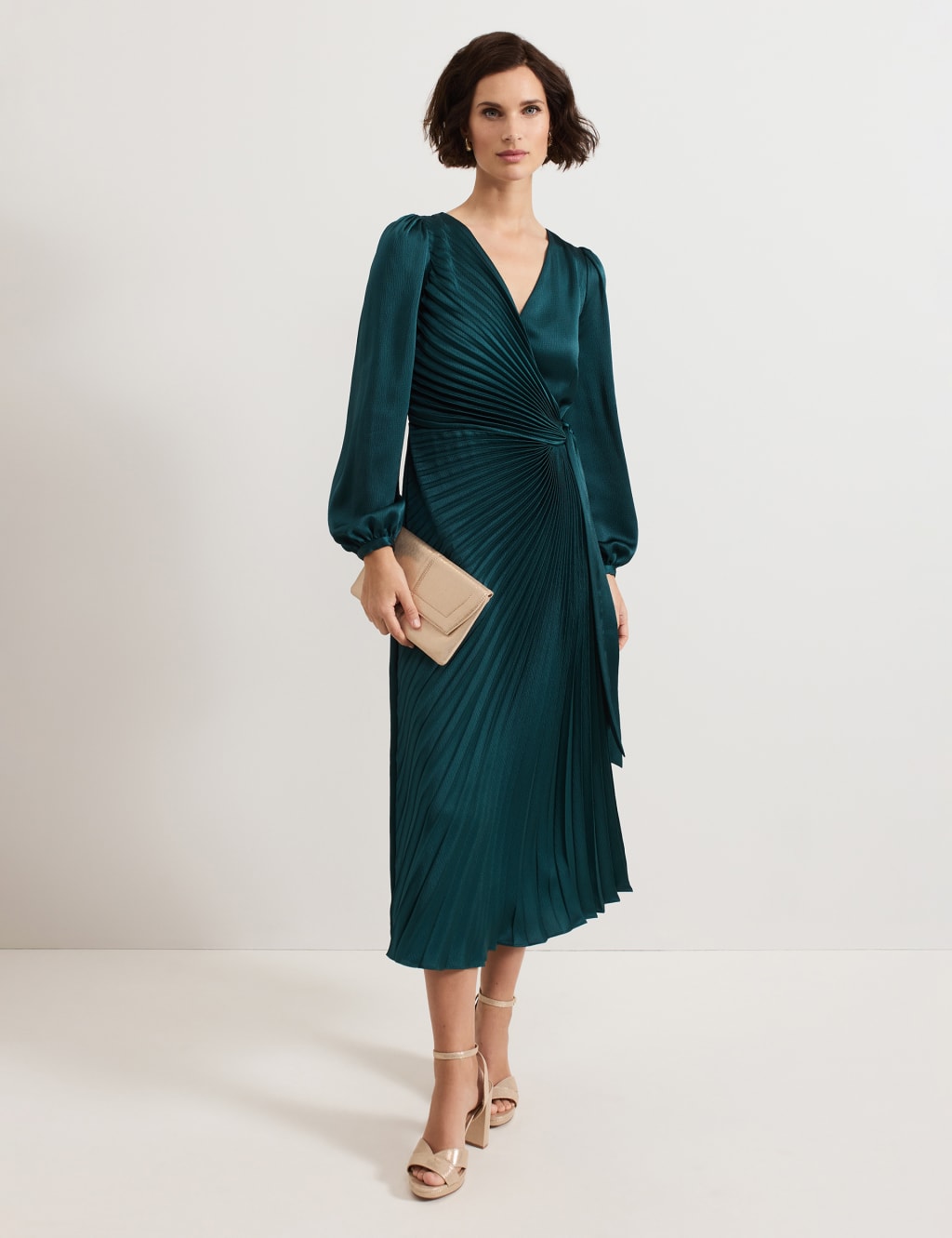 Pleated Tie Waist Midi Wrap Dress