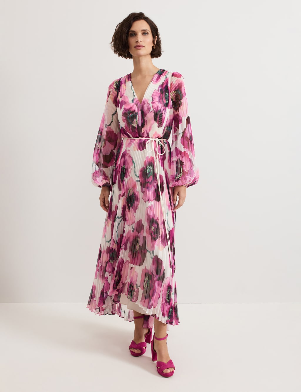 Floral V-Neck Tie Waist Maxi Wrap Dress