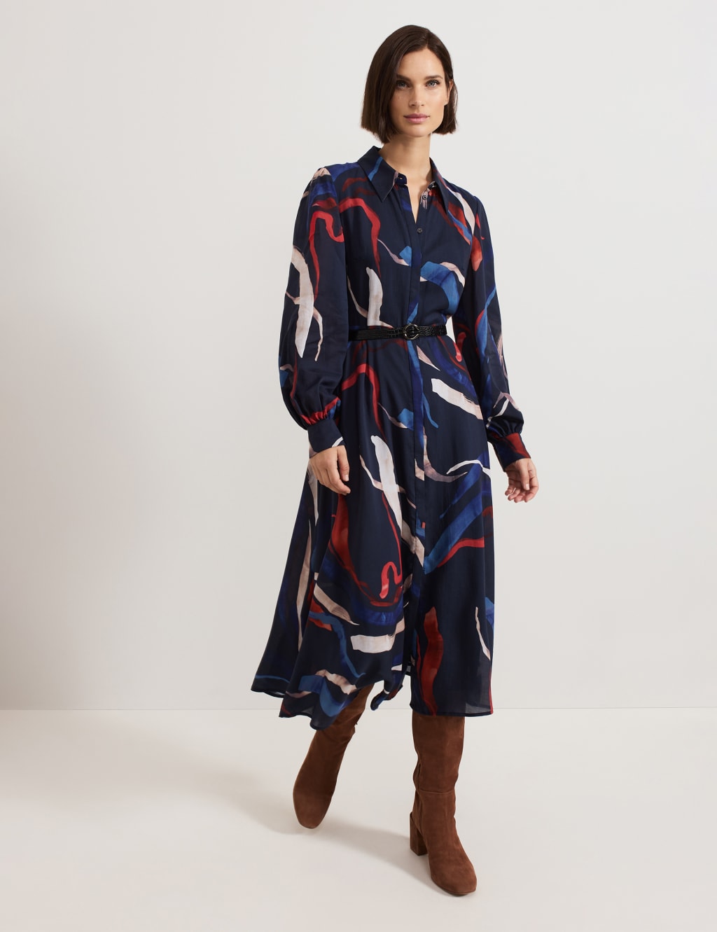 Printed Collared Belted Midaxi Shirt Dress