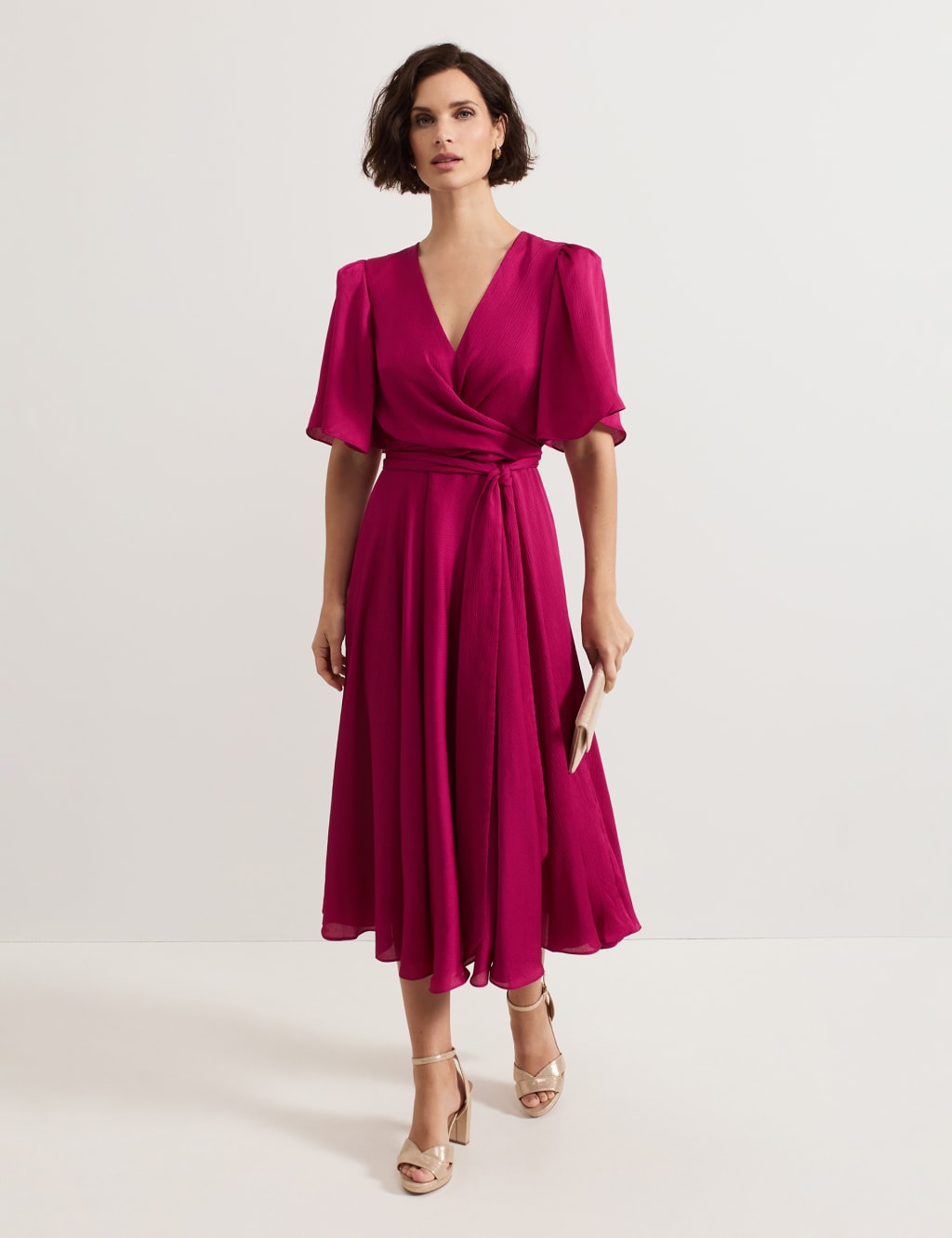 Textured V-Neck Tie Front Midi Wrap Dress