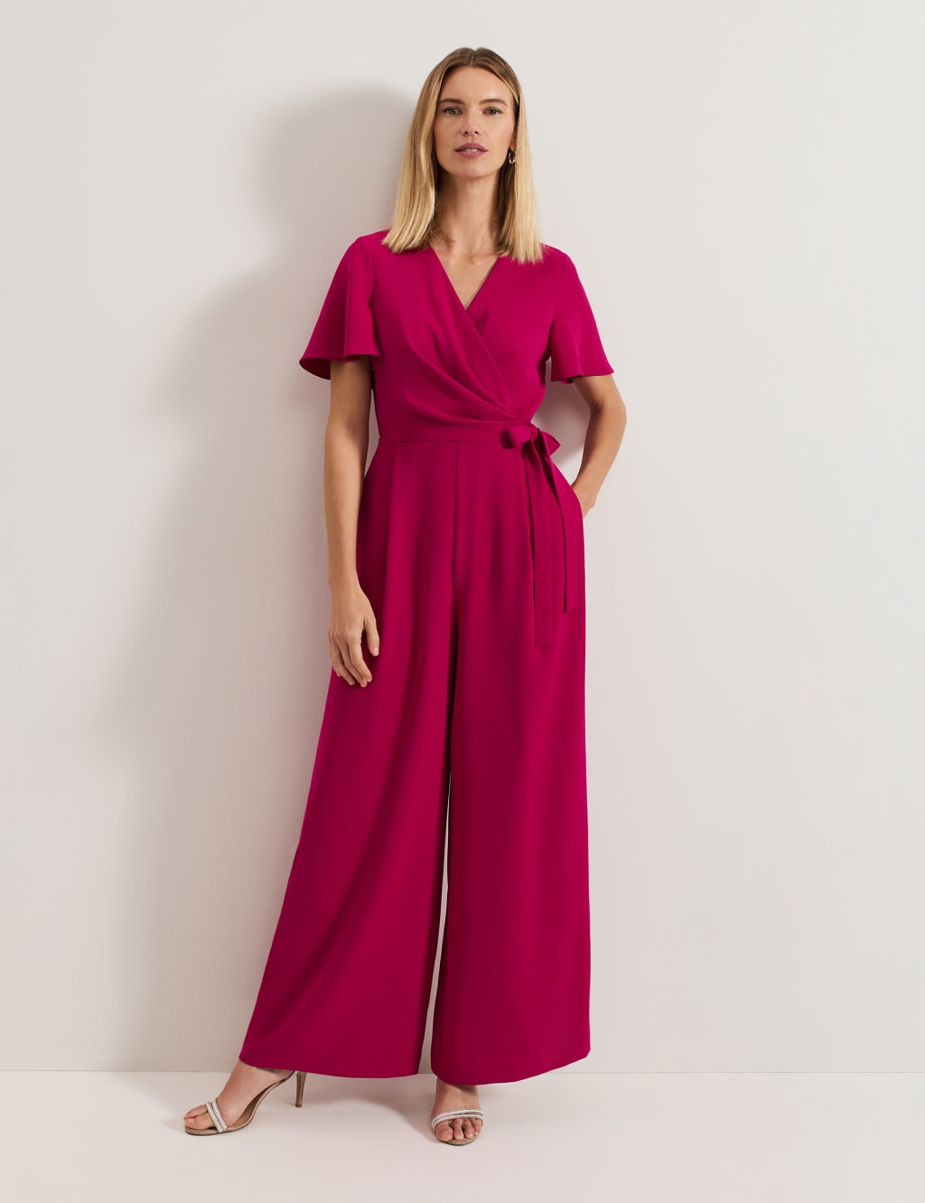 Tie Detail Short Sleeve Wrap Wide Leg Jumpsuit