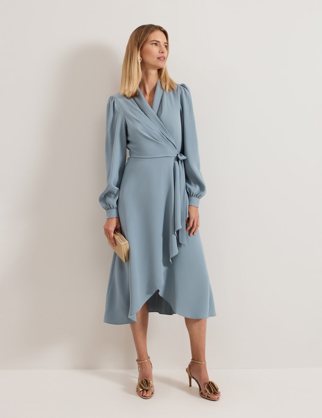 V-Neck Tie Front Midi Wrap Dress