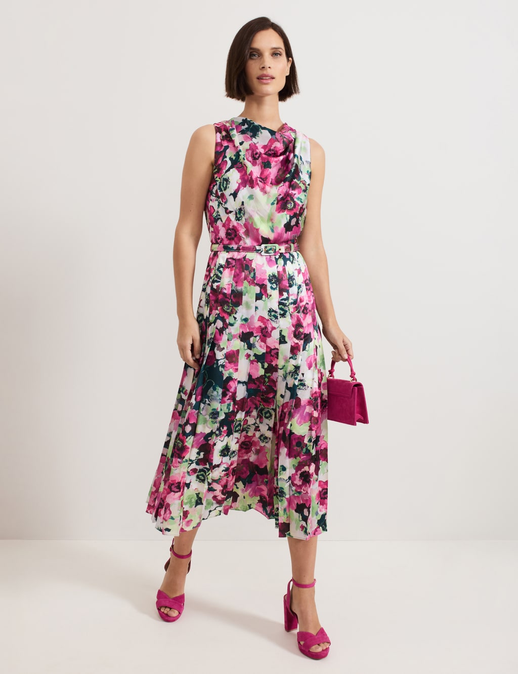Floral Cowl Neck Pleated Midi Skater Dress