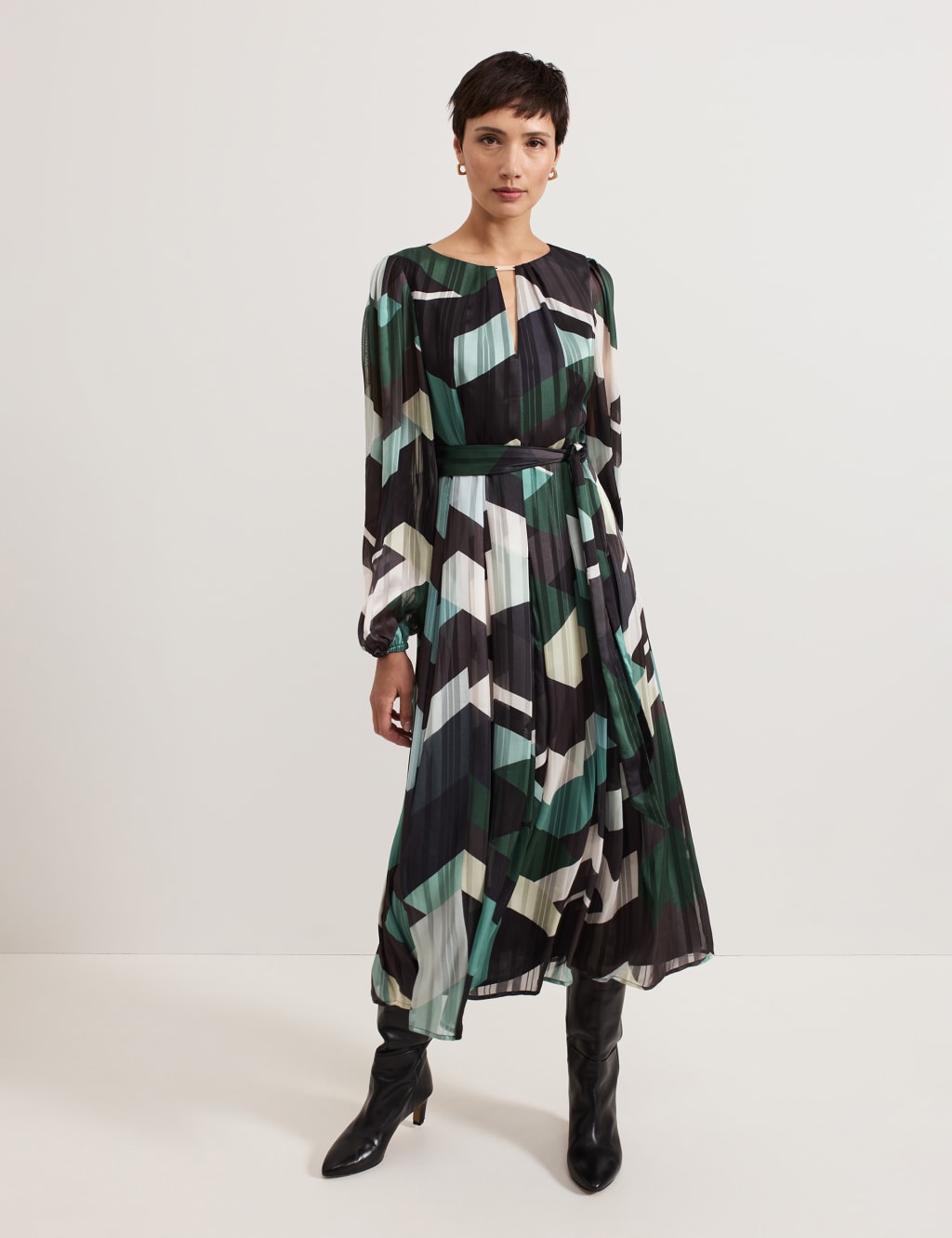 Abstract Print Midaxi Waisted Dress