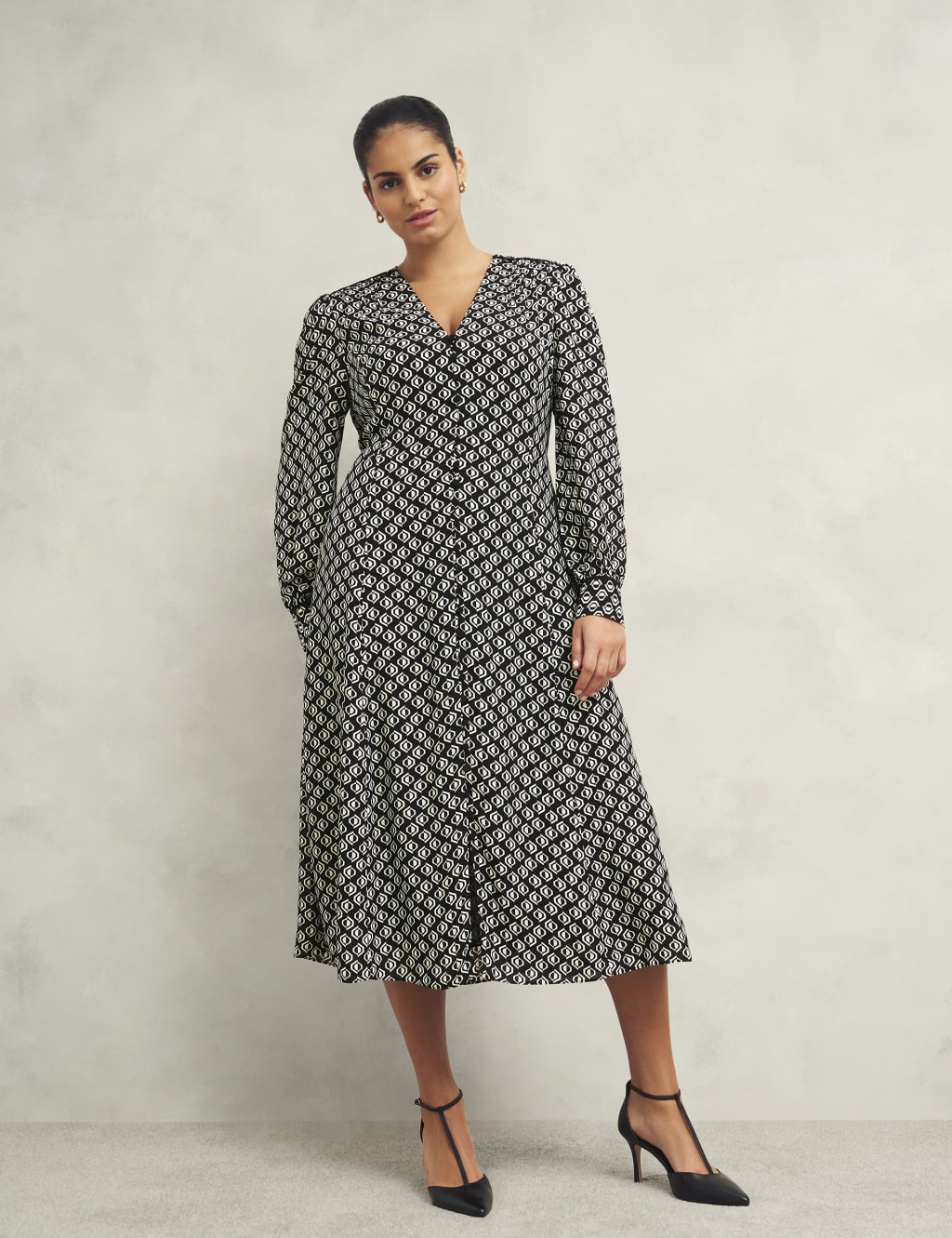 Geometric V-Neck Midi Skater Dress