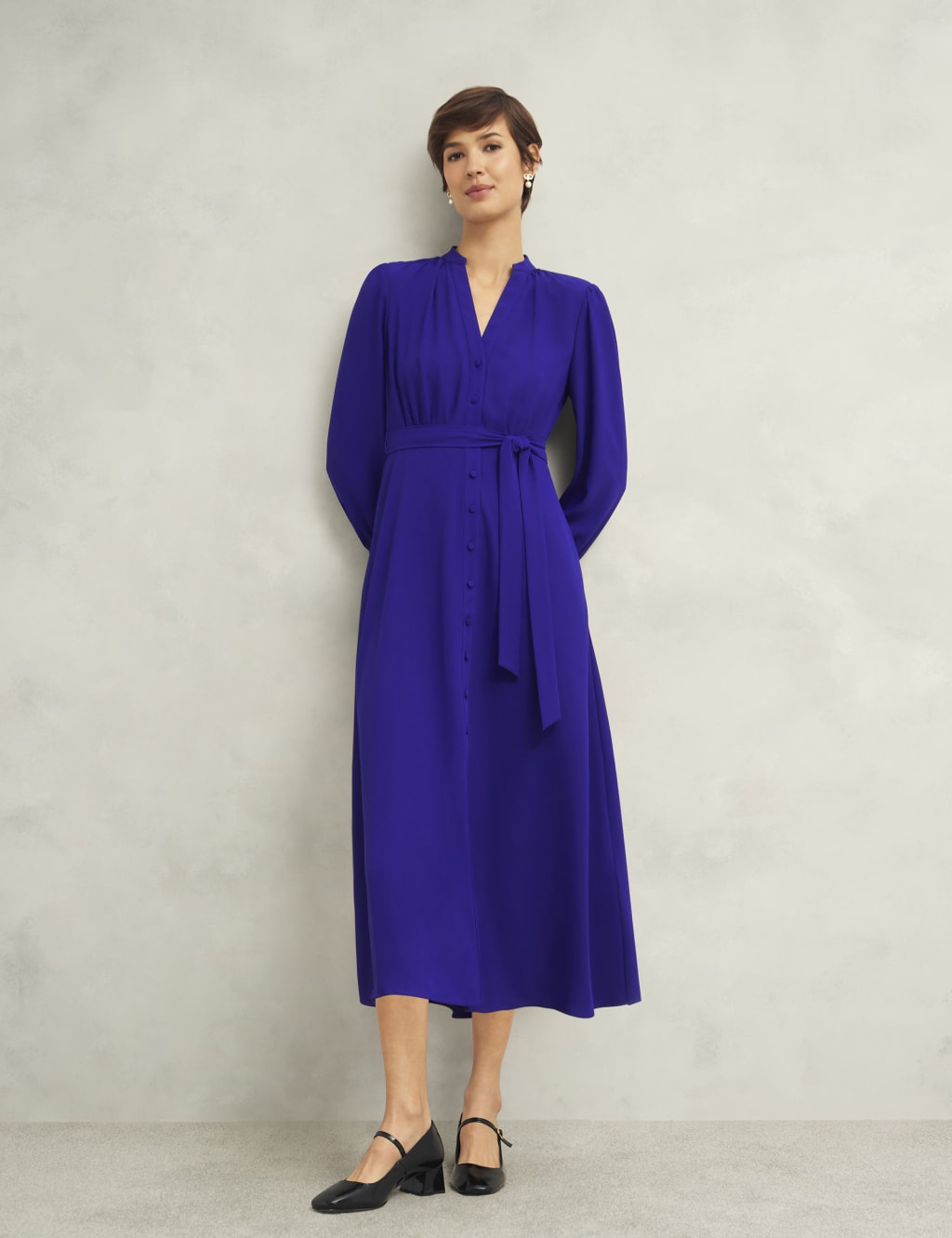 V-Neck Button Through Midi Waisted Dress