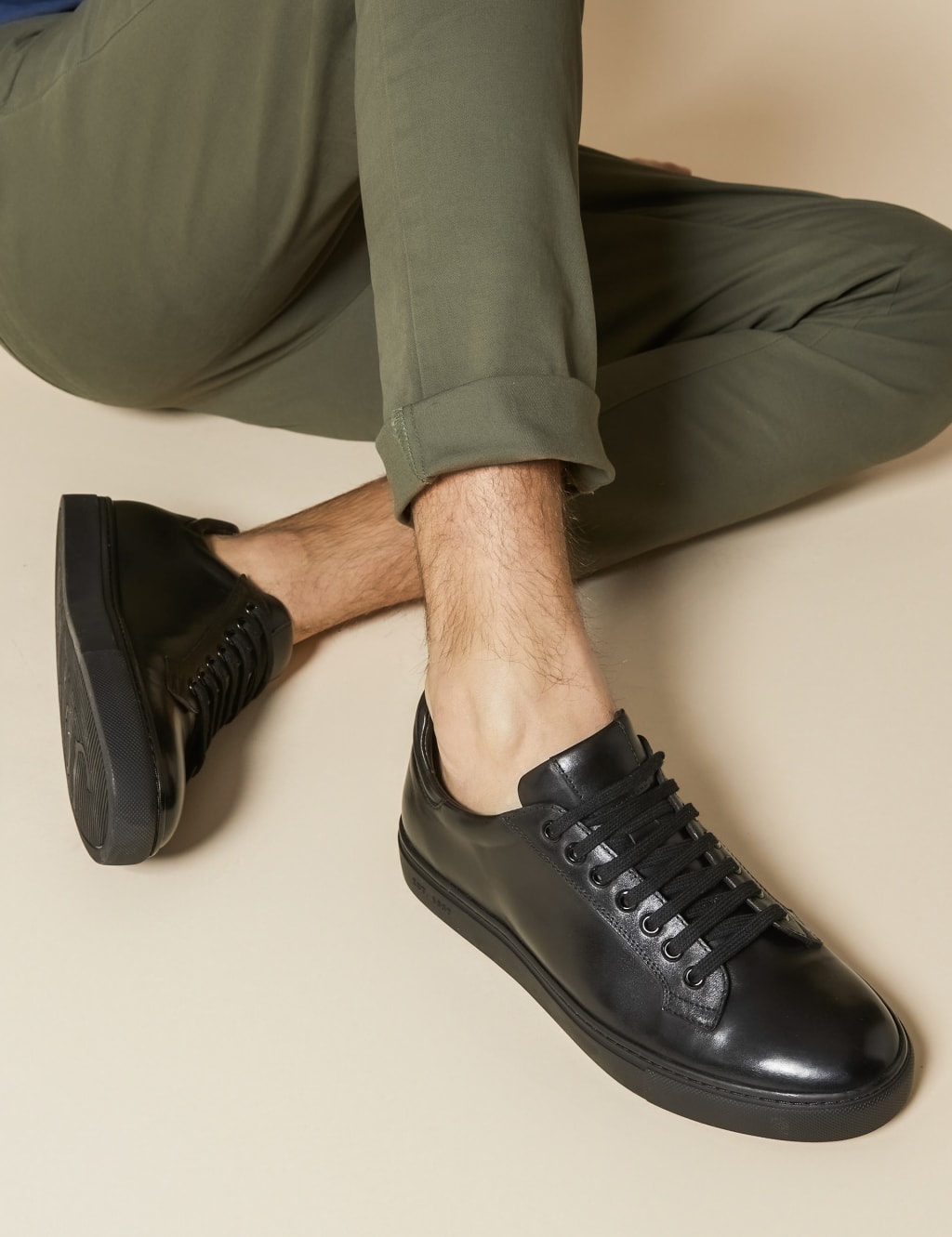 Jones Bootmaker Men's Leather Lace Up Trainers - 9 - Black/Black, Black/Black,White